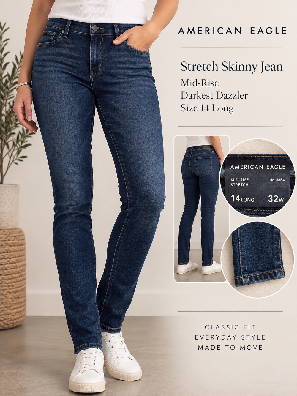 BNWT AE Mid Rise Stretch Skinny Jeans 14 Long Darkest Dazzler